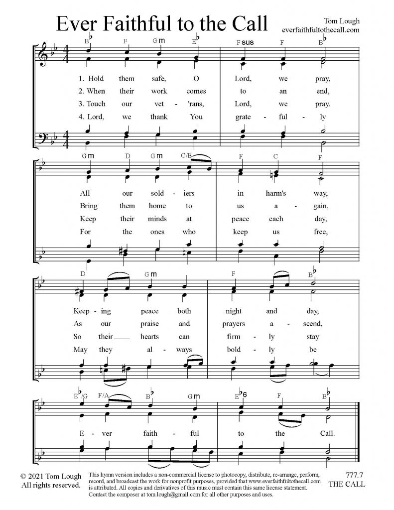 An image of the music sheet with lyrics for the U.S. Army hymm "Ever Faithful to the Call".